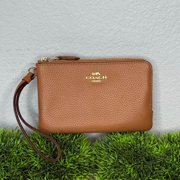Coach Double Corner Zip Wristlet In Polished Pebble Leather - Picture 1 of 6